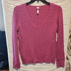 Aqua Pink Cashmere Cable Knit V-Neck Sweater Sz L